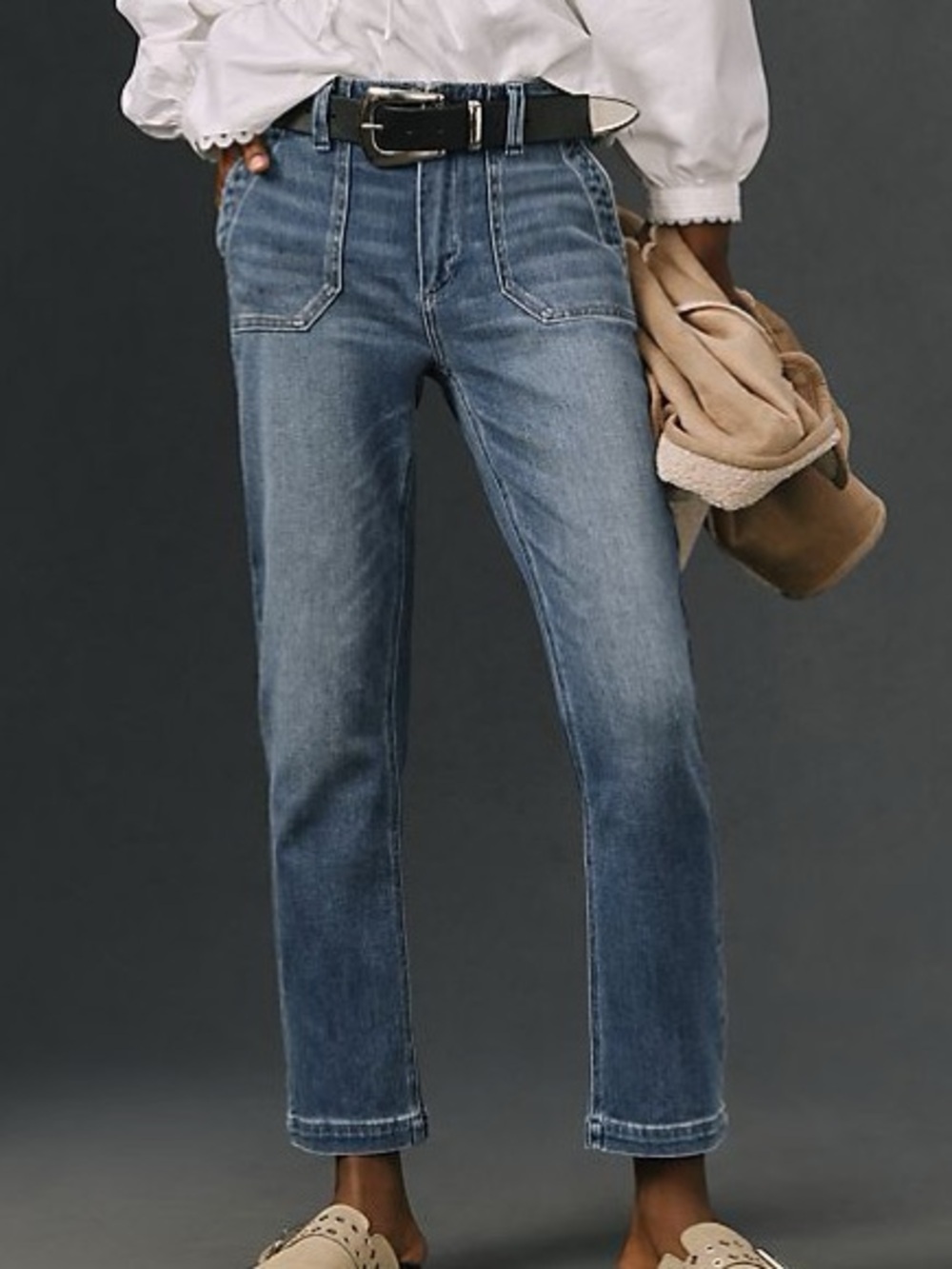 PAIGE Women’s Mayslie Ankle Straight Jeans with Patch Pockets in Medium Blue 29